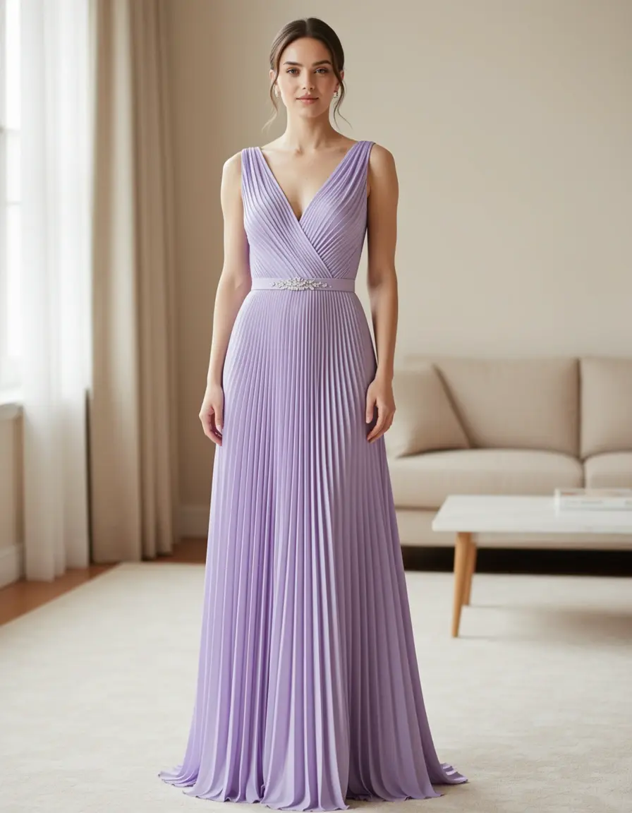 Plissiertes lavendelfarbenes Kleid für Hochzeit
