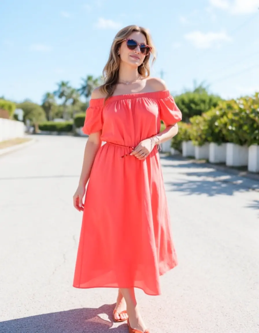 Off-Shoulder Korallen Kleid für Hochzeit