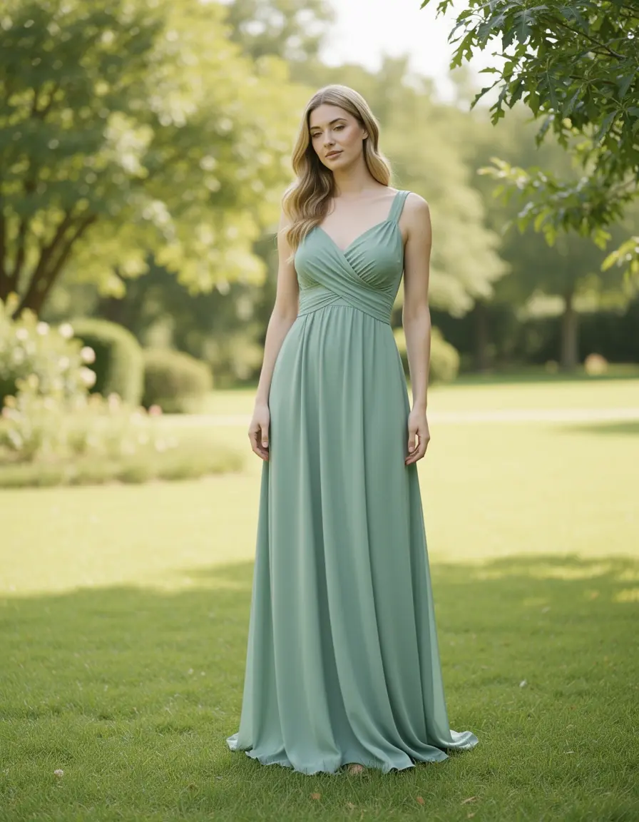 Salbeigrünes Chiffon Maxikleid