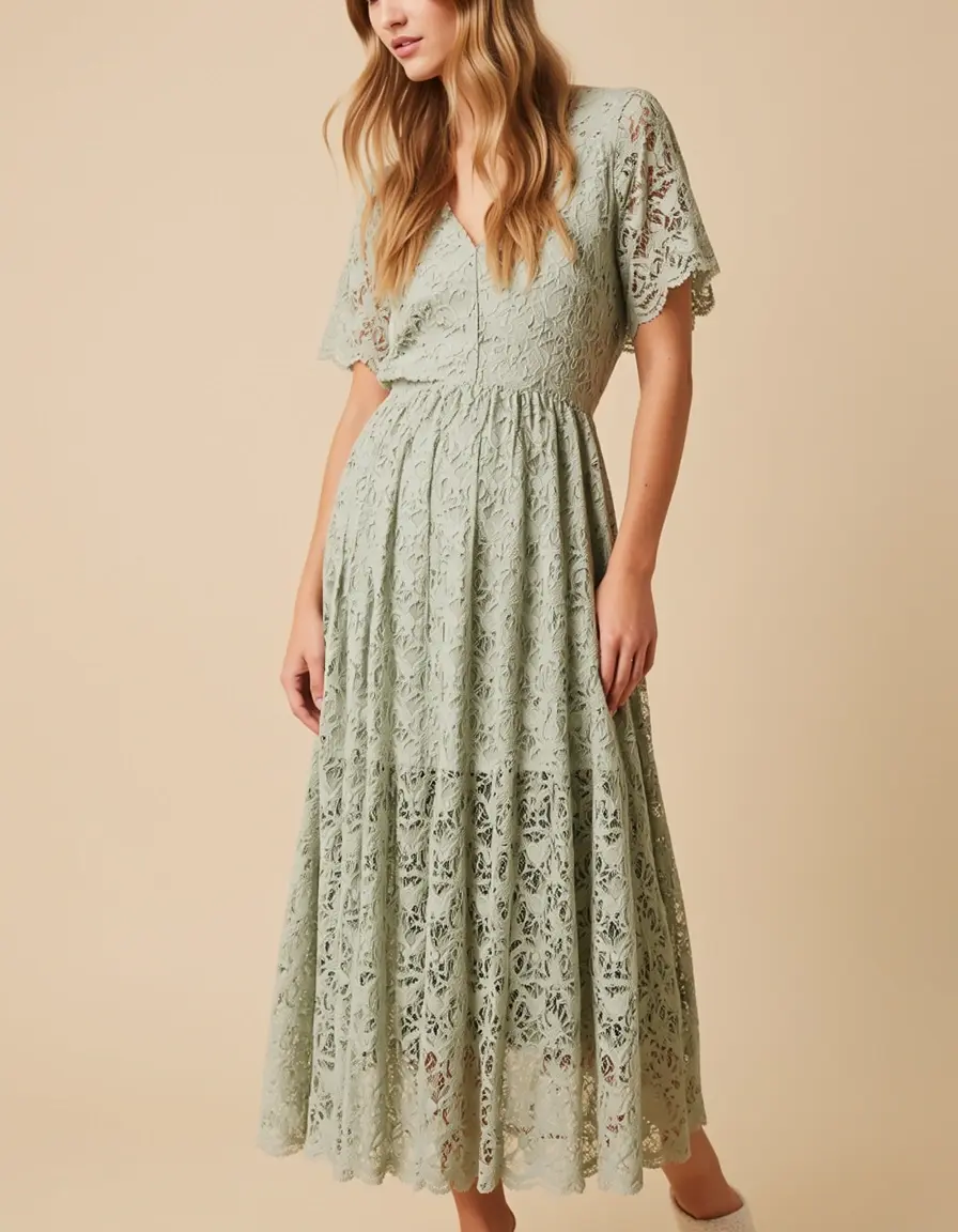 Salbeigrünes Spitzenkleid Midi