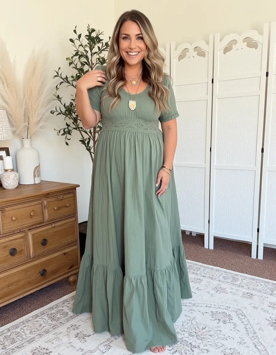 Salbeigrünes Boho Maxikleid