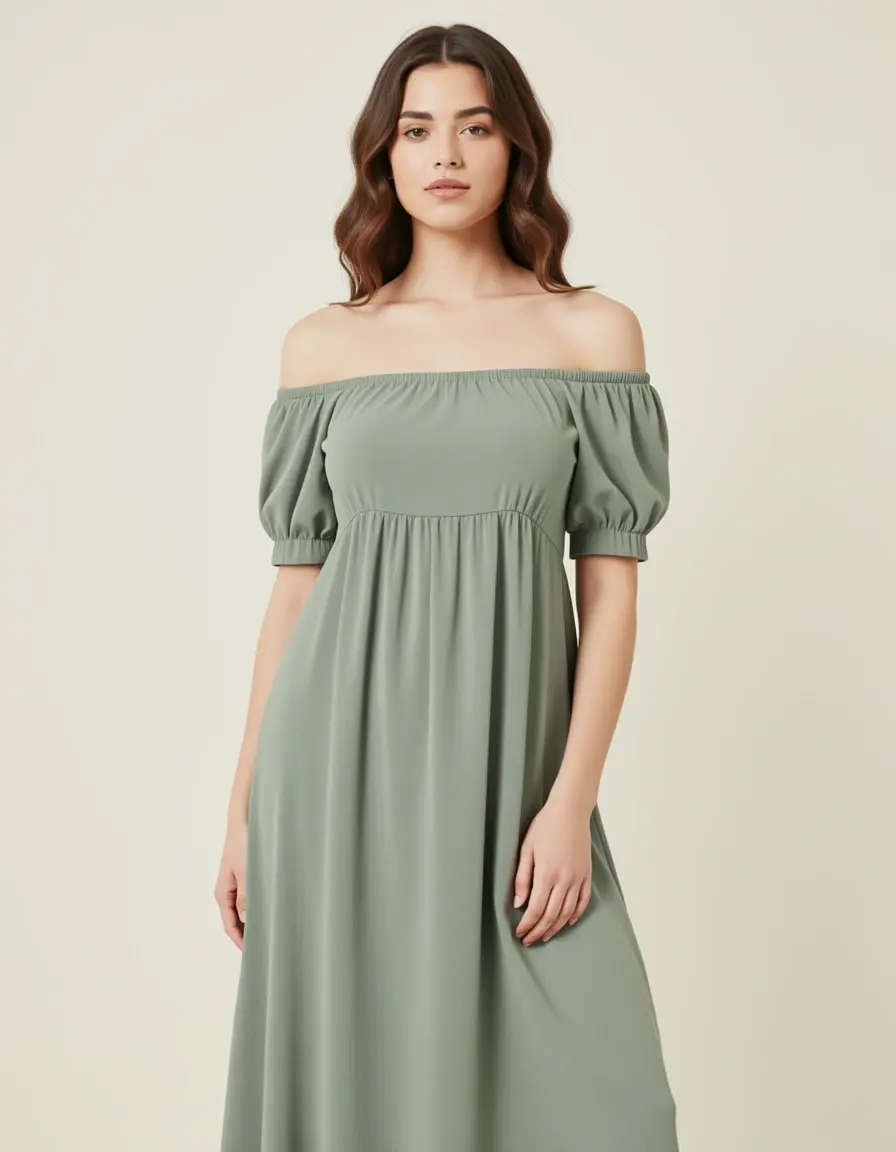 Salbeigrünes Off-Shoulder Kleid