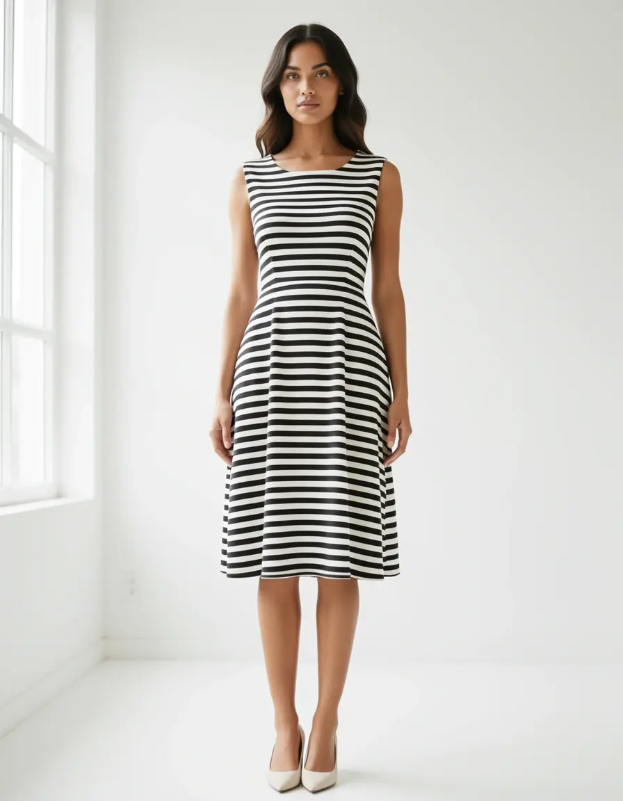 Gestuftes Kleid weiß schwarz gestreift