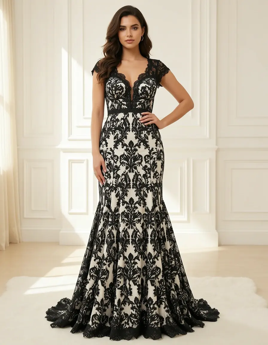 Elegantes Spitzenkleid weiß schwarz
