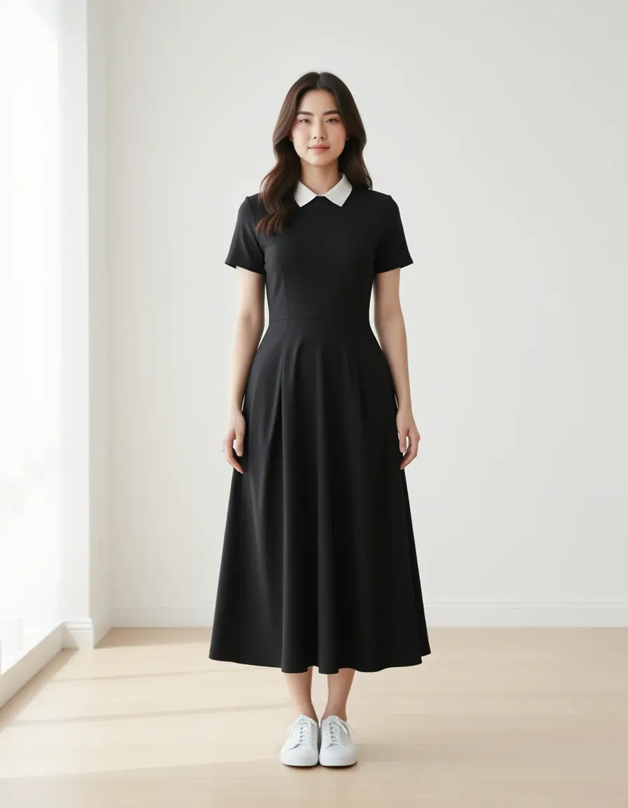 Midi Kleid in A-Linie weiß schwarz