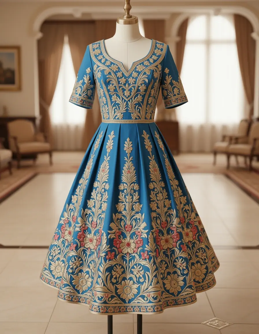 Embroidered A-line dress detailed