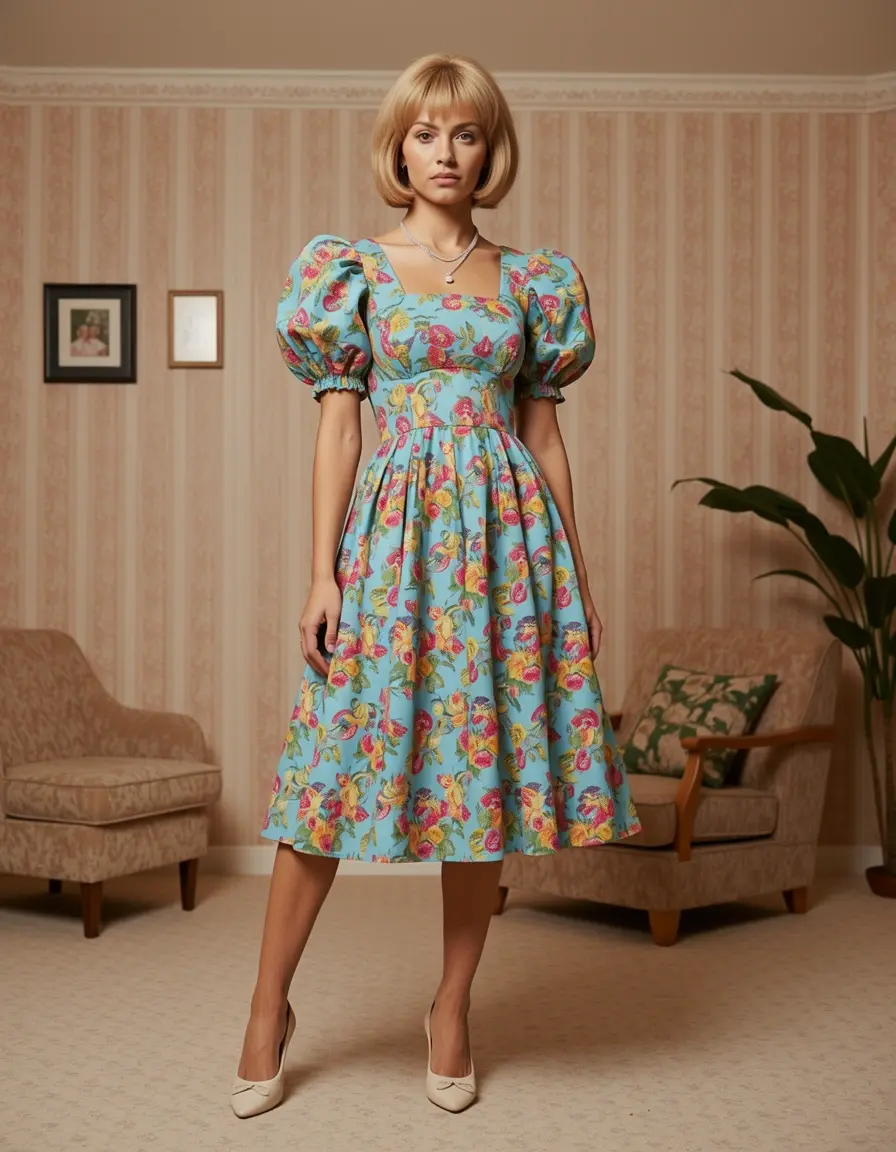 80s Puff Sleeve Dress mit voluminösen Ärmeln