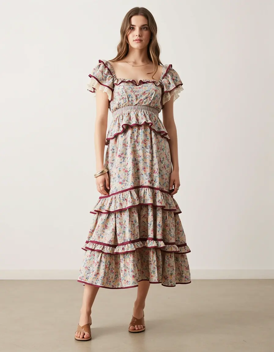 80s Ruffle Midi Dress mit Rüschen