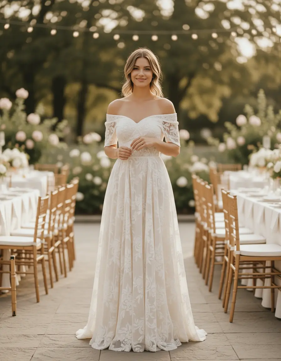 Off-Shoulder Midi Kleid für Hochzeitsgäste