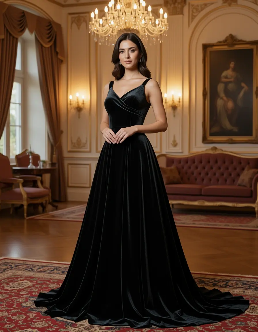 Luxuriöses schwarzes Samtkleid