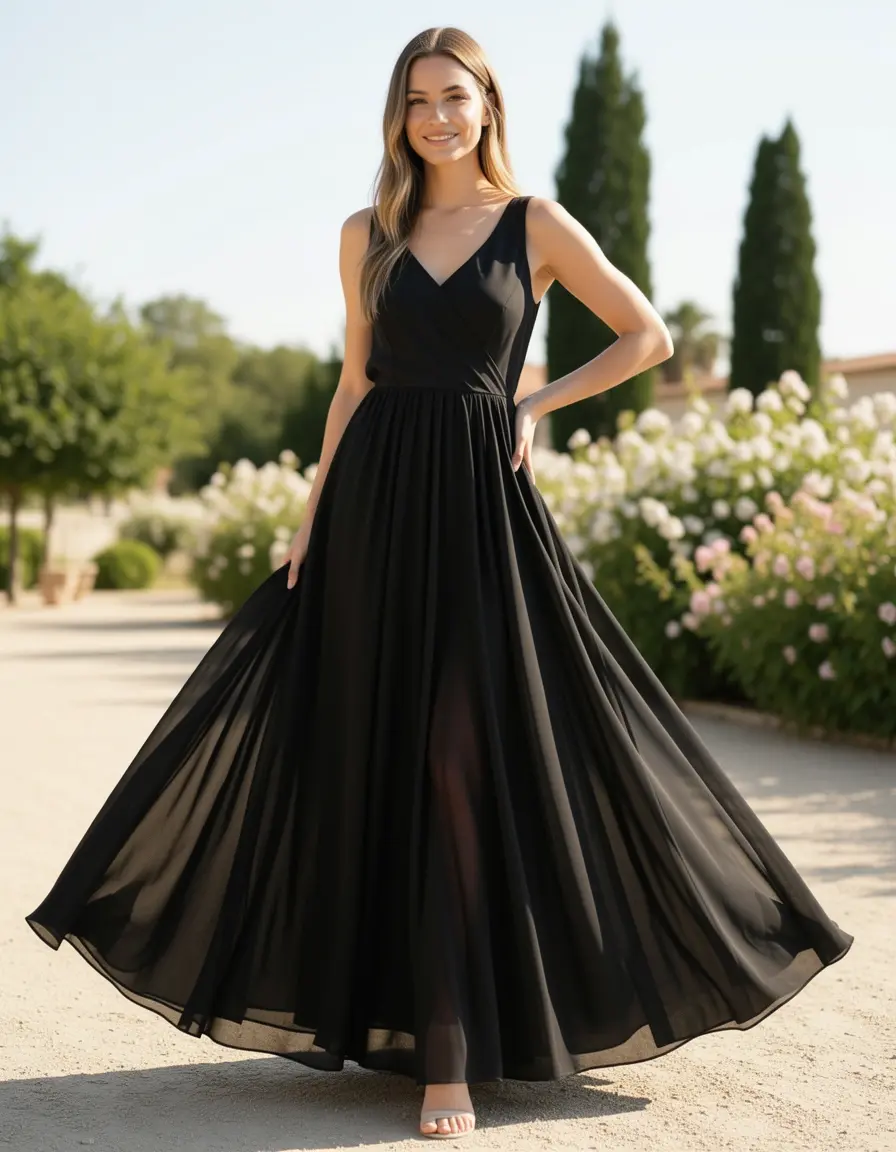 Luftiges schwarzes Chiffon-Maxikleid