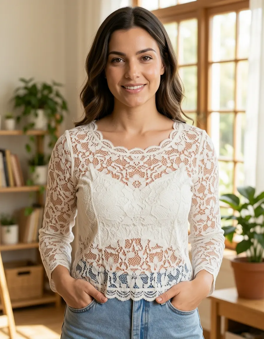 Damen Midi Spitzenkleid mit langen Ärmeln