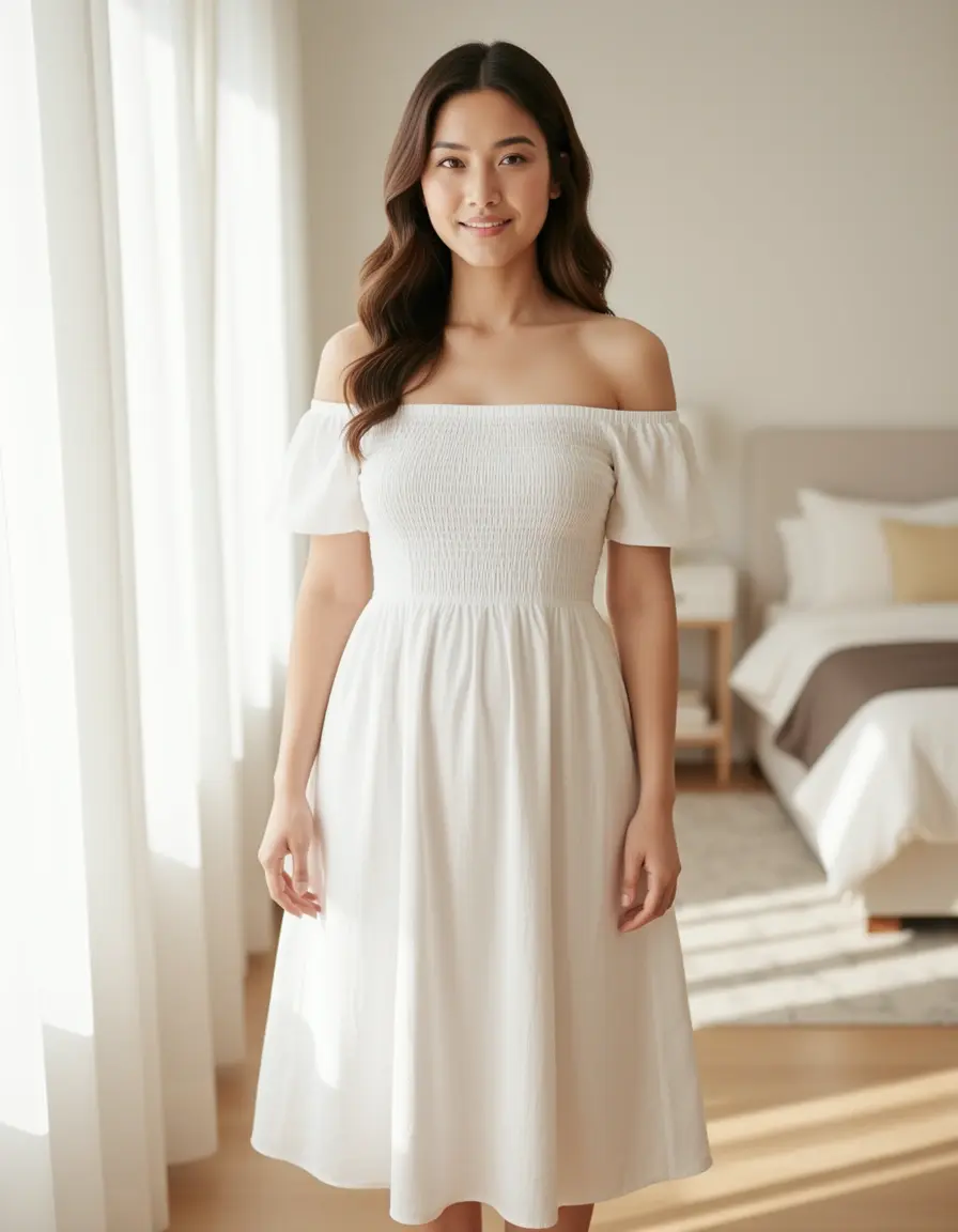 Schulterfreies Musselin Kleid