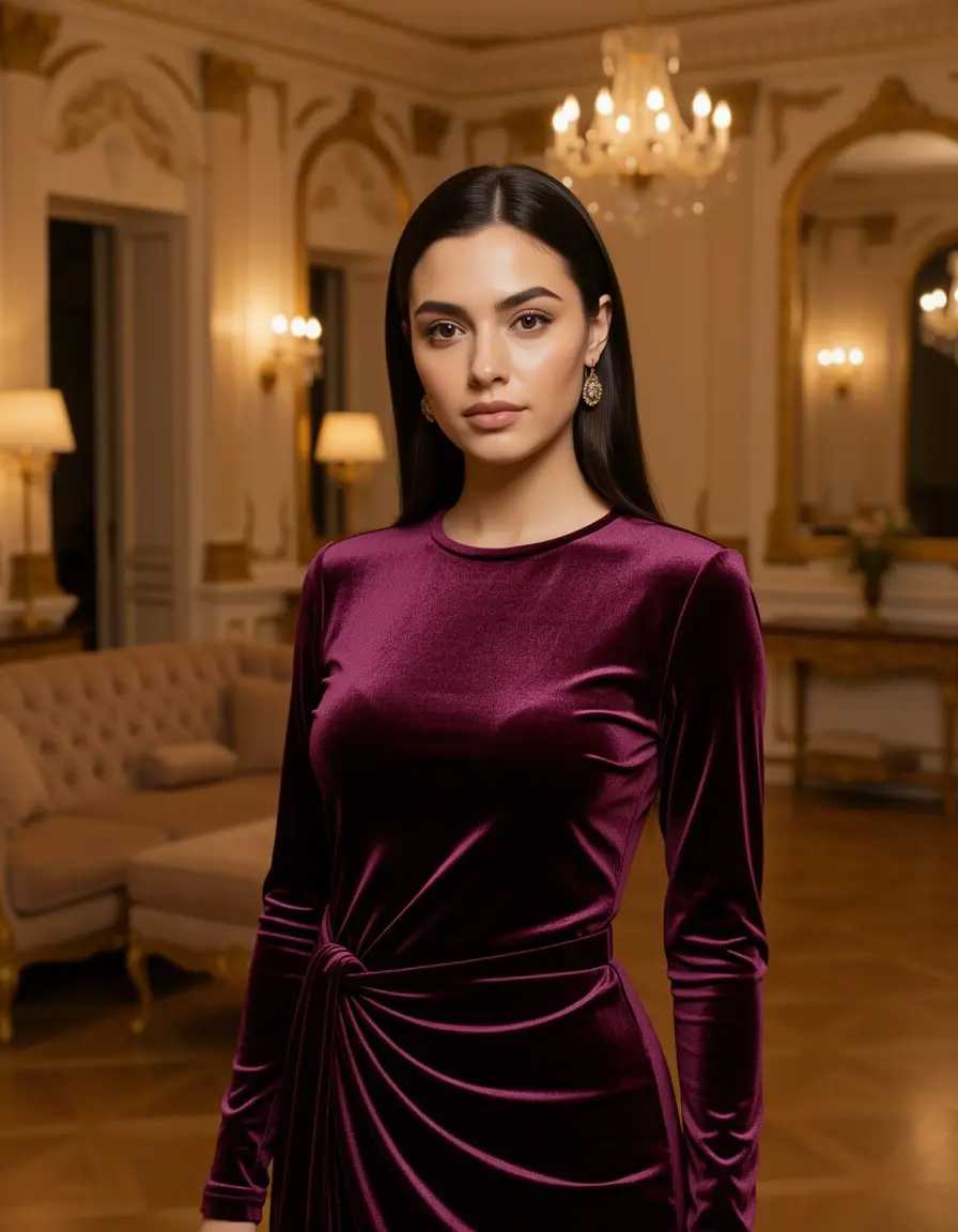 Velvet Long-Sleeve Midi Kleid aus luxuriösem Samt