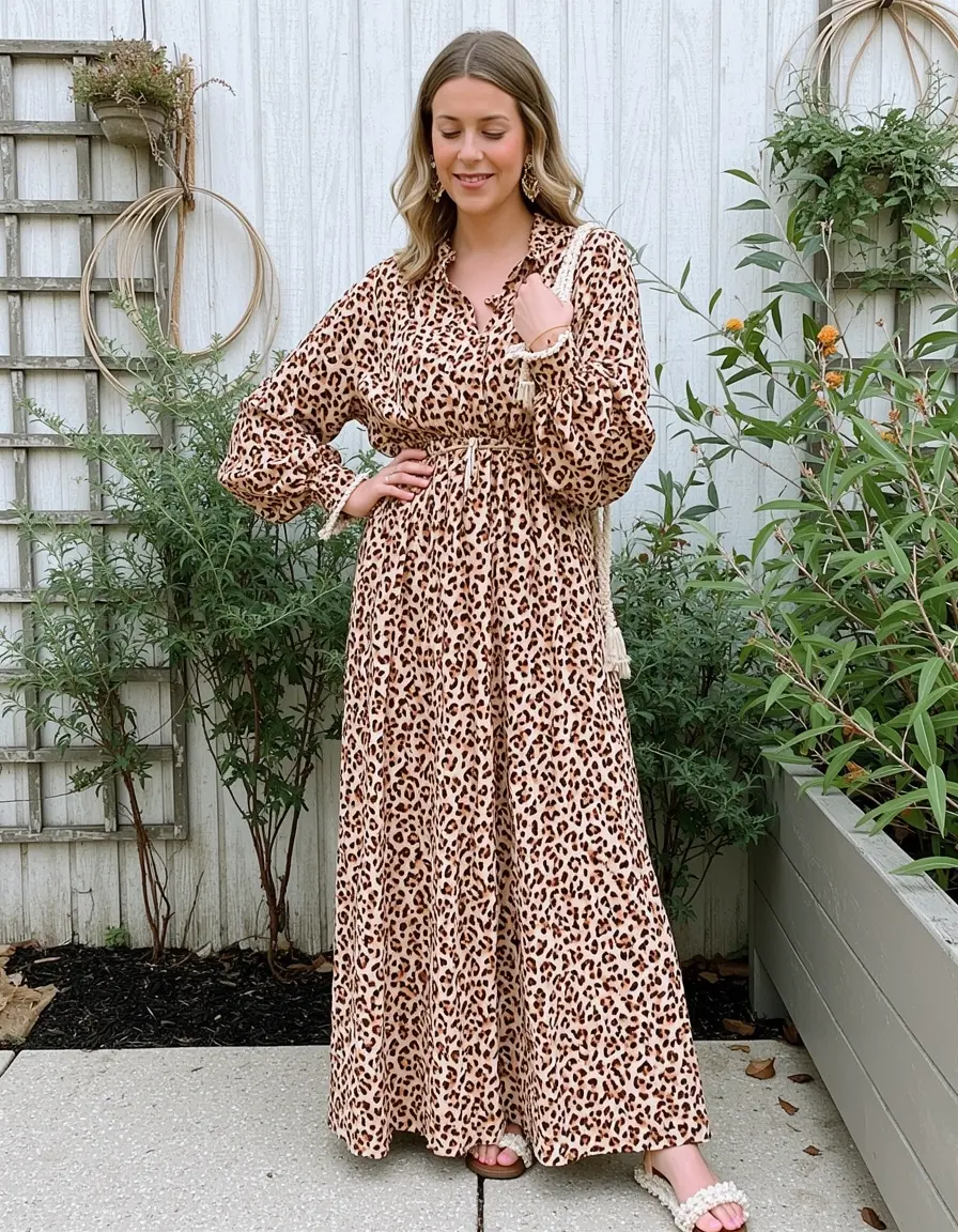 Leopard Boho Maxi Kleid - Lockeres Maxikleid