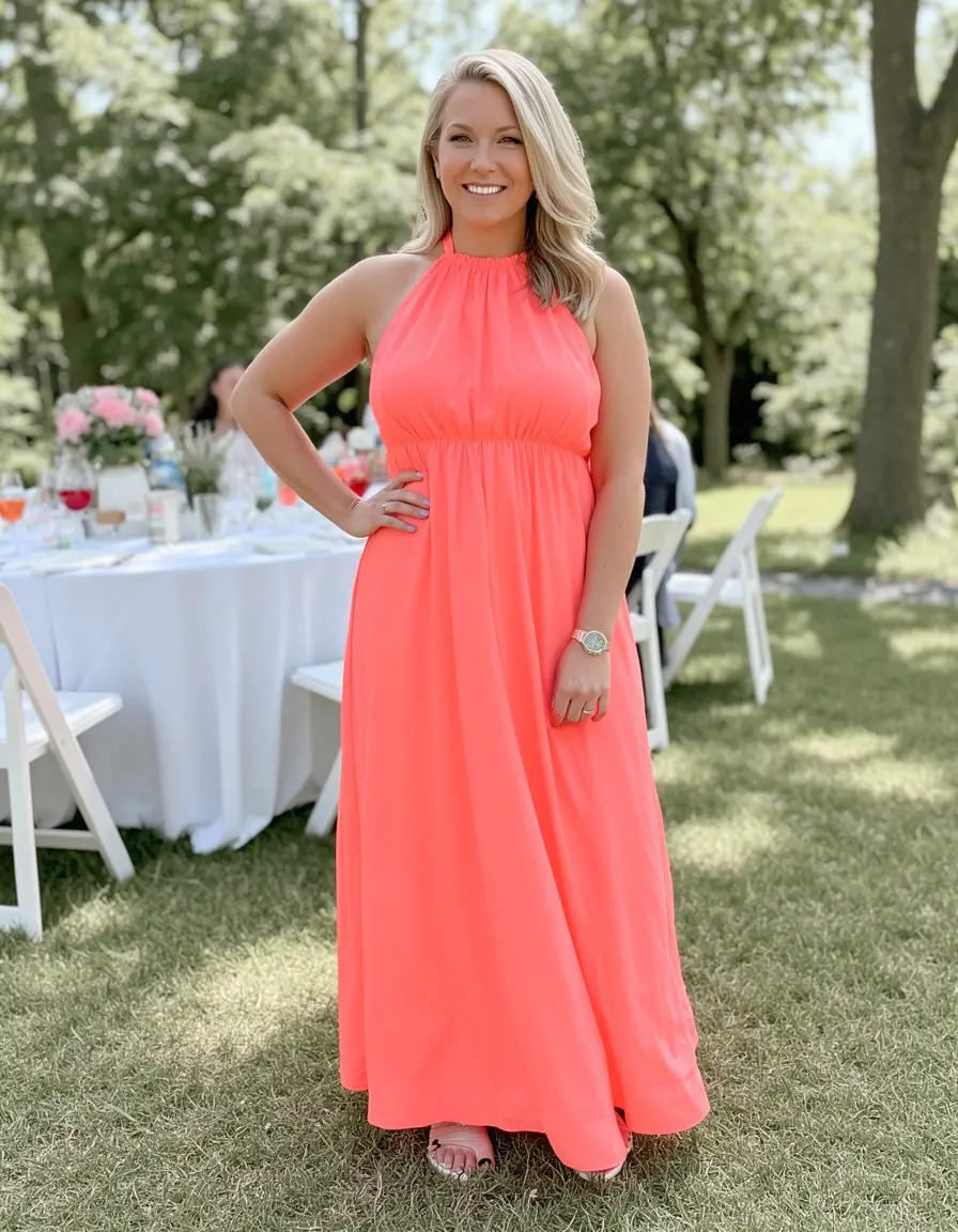 Korallfarbenes Neckholder Maxi Kleid für Sommerevents