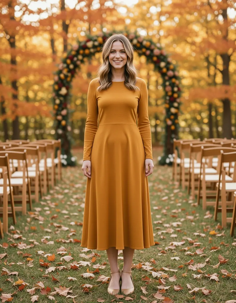 Senfgelbes Midi Hochzeitsgast Kleid mit langen Ärmeln