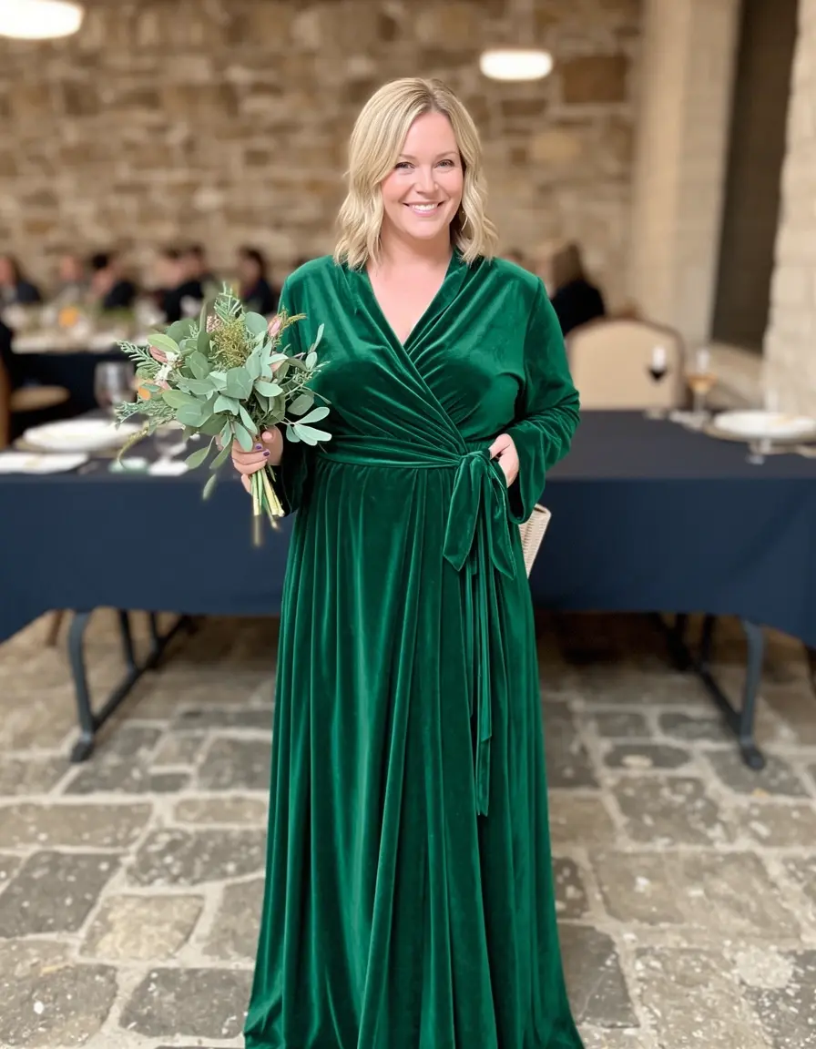 Dunkelgrünes Samt Wickelkleid für Winterhochzeiten