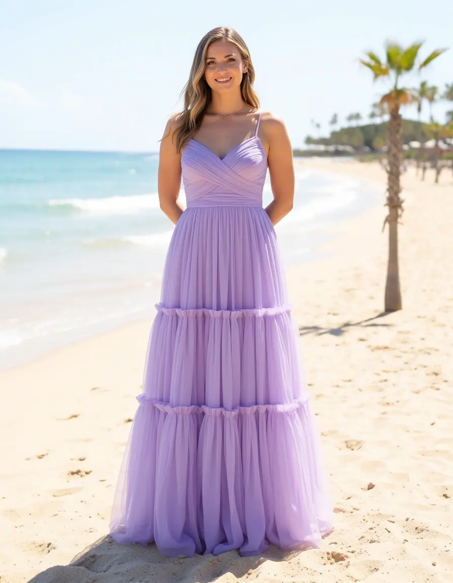 Lavendelfarbenes Chiffon Stufenkleid für Strandhochzeiten