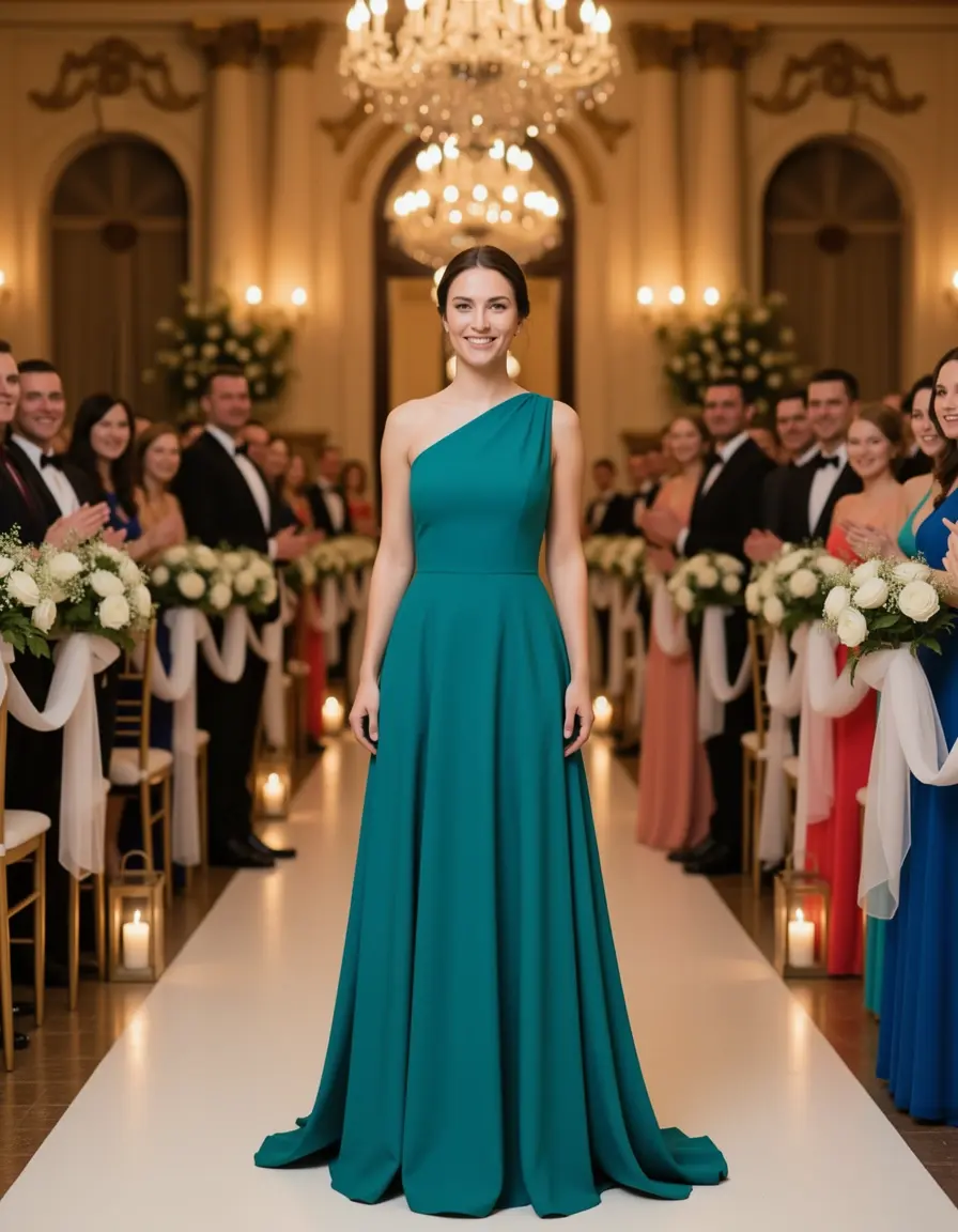 Teal farbenes One-Shoulder Abendkleid