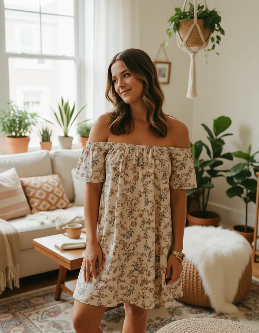 Entspanntes Boho Off-Shoulder Kleid