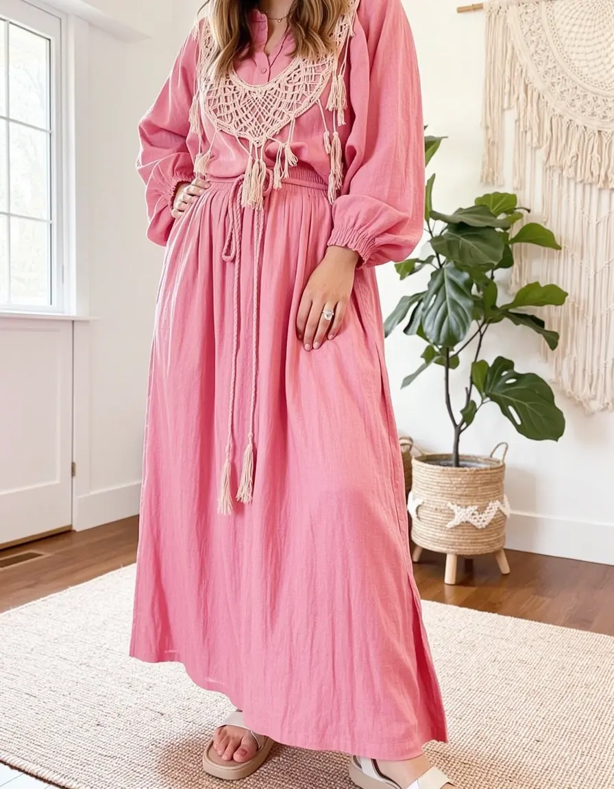 Entspanntes pinkes Boho Maxi Kleid