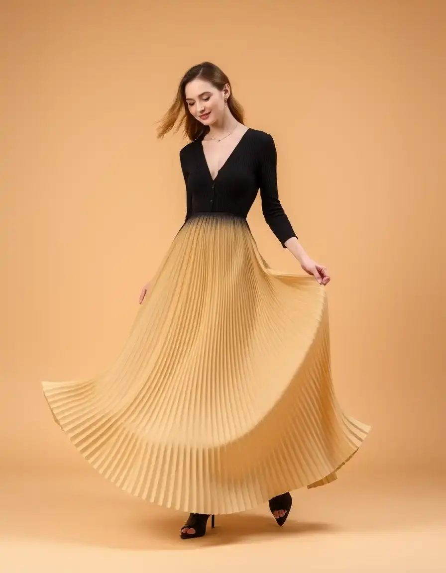 Dynamic Pleated Maxi Kleid in Bewegung