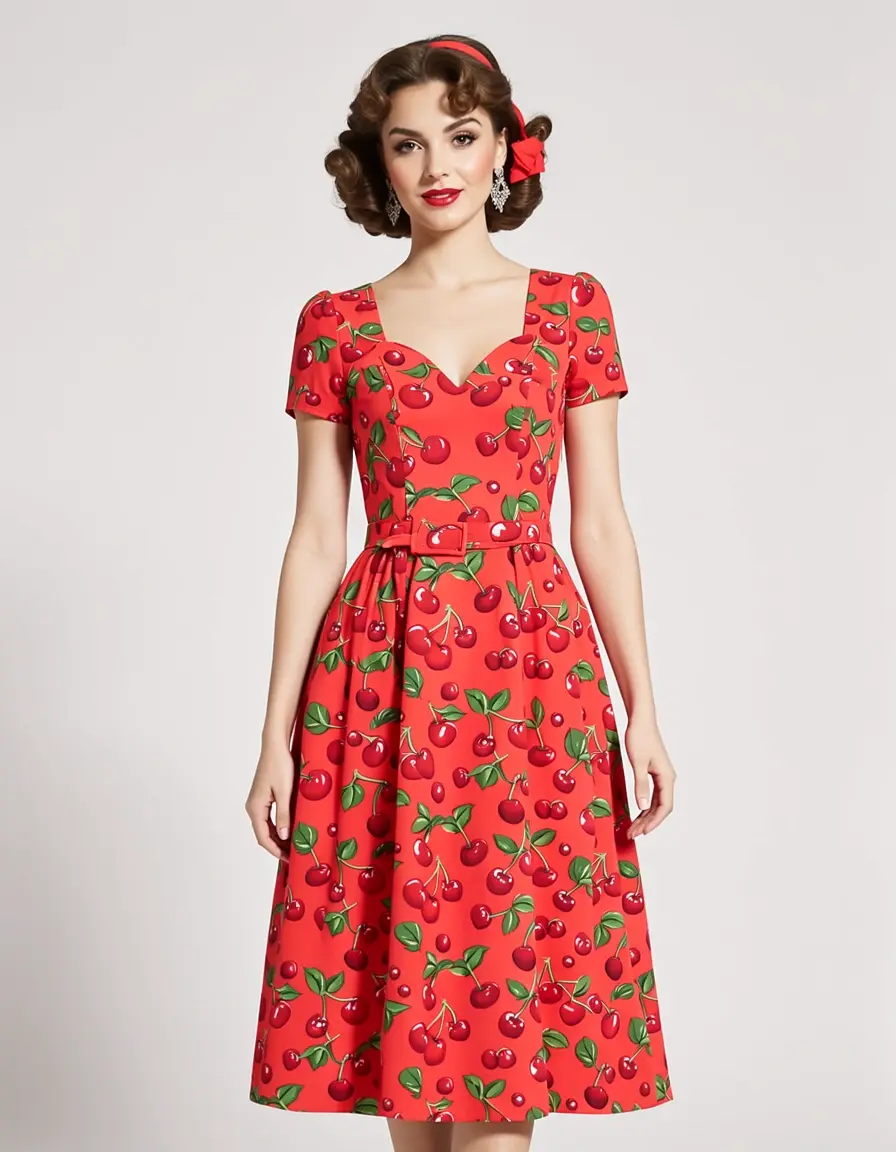 Cherry print dress 50s rockabilly
