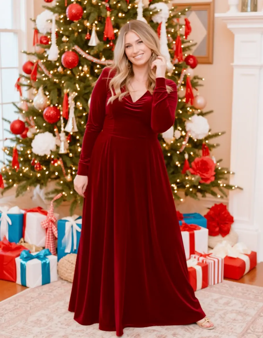 Rotes Samt Weihnachtskleid Damen