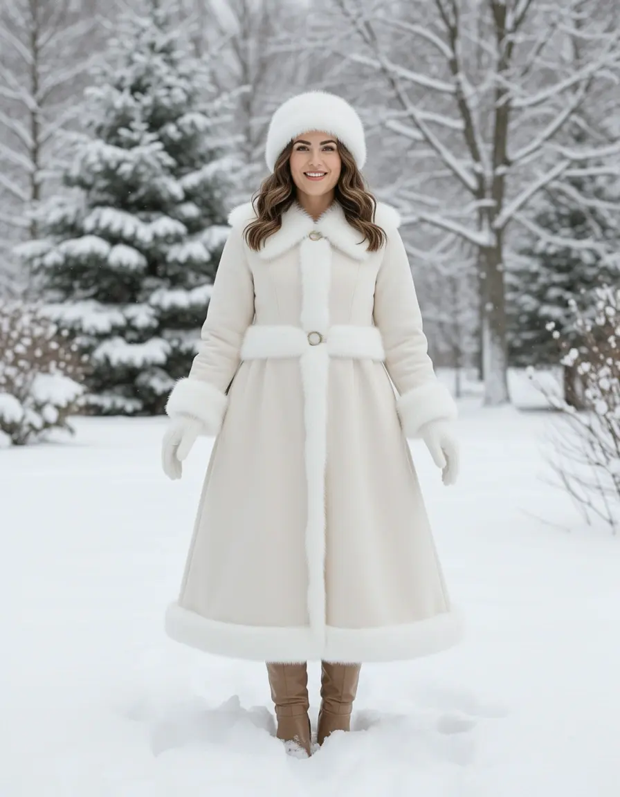 Weißes Kleid mit Fellbesatz Winter