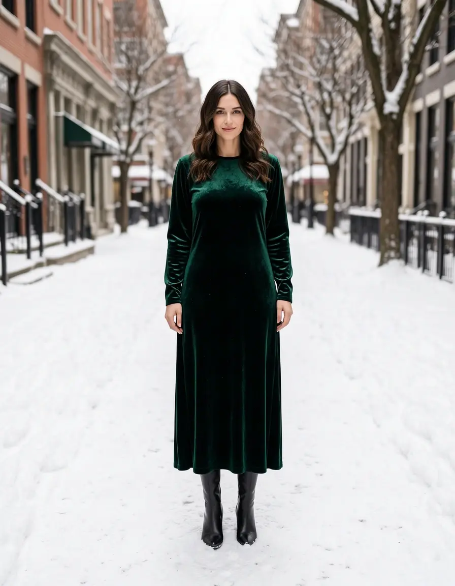 Luxuriöses Velvet Midi Kleid in Winterfarben