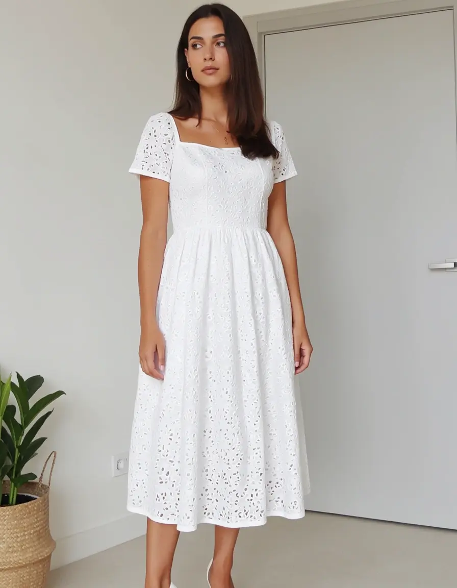 Eyelet Lace Summer Damen Sommerkleider weiß