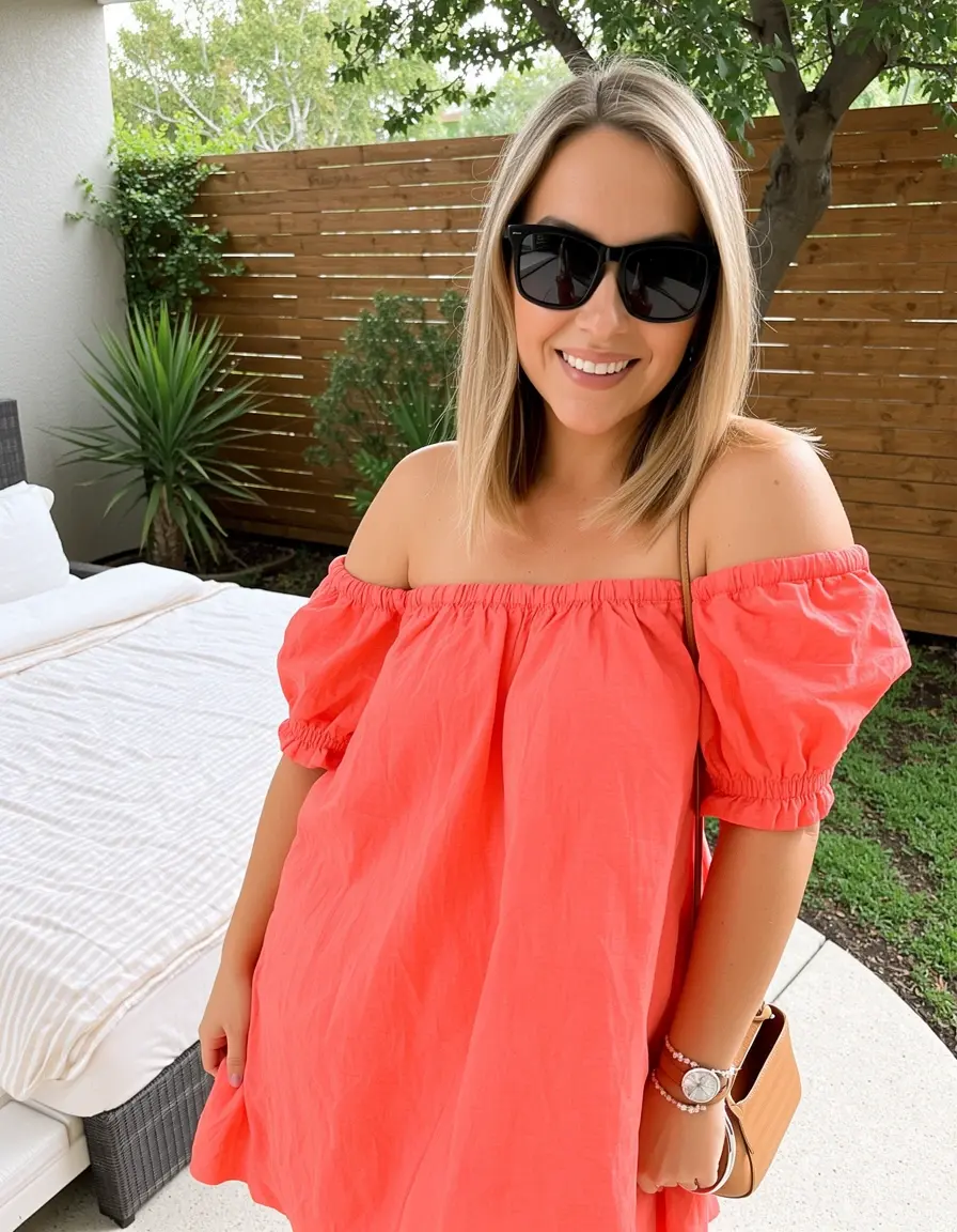 Off-Shoulder Coral – Sommerliches Hochzeitsgast Kleid