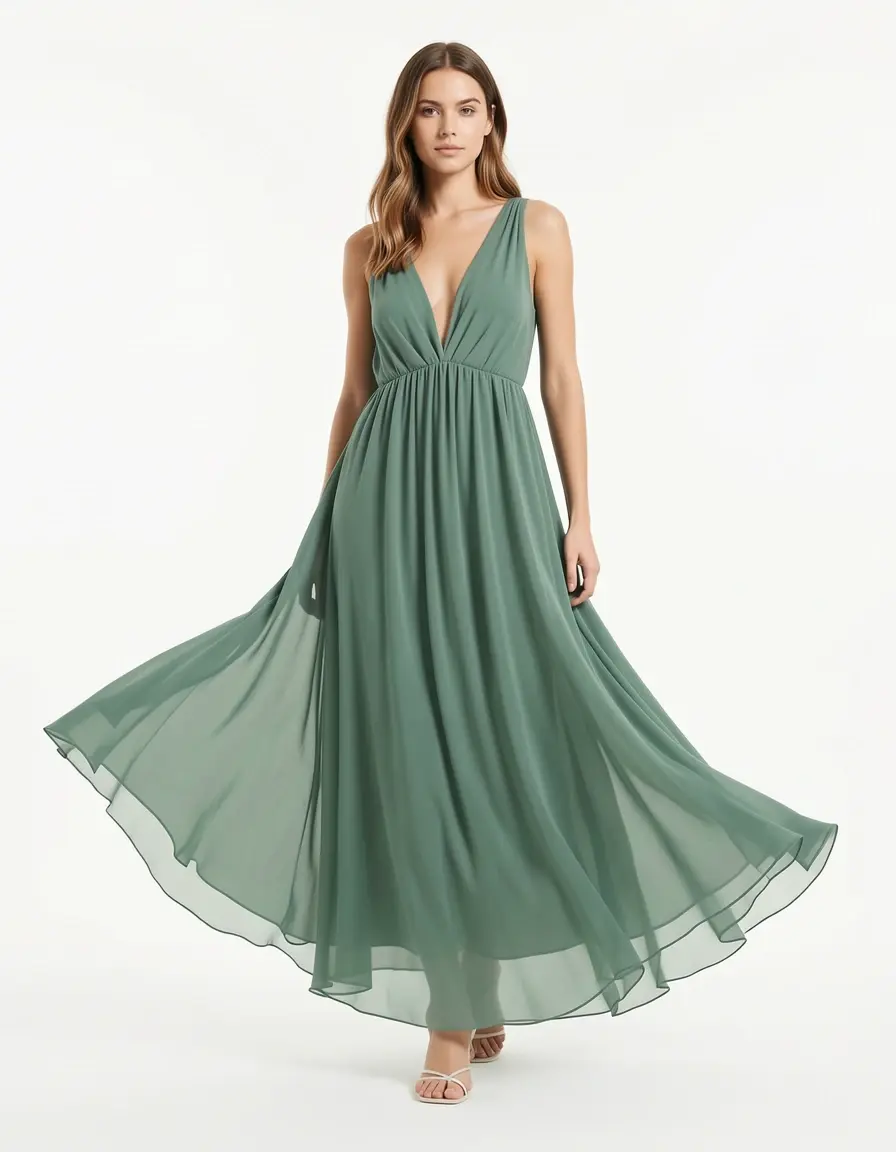 Salbeigrünes Chiffonkleid fließend