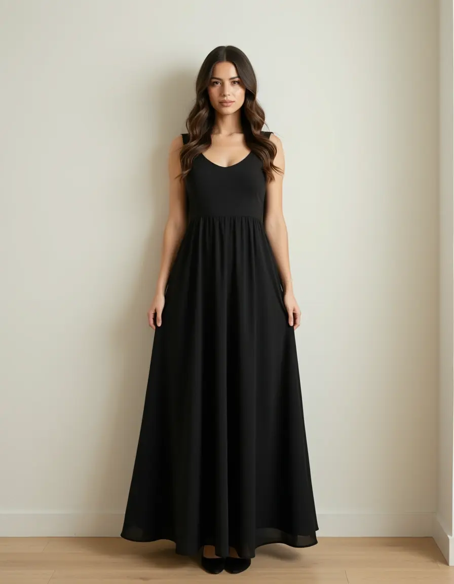 Schwarzes fließendes Maxikleid für Damen