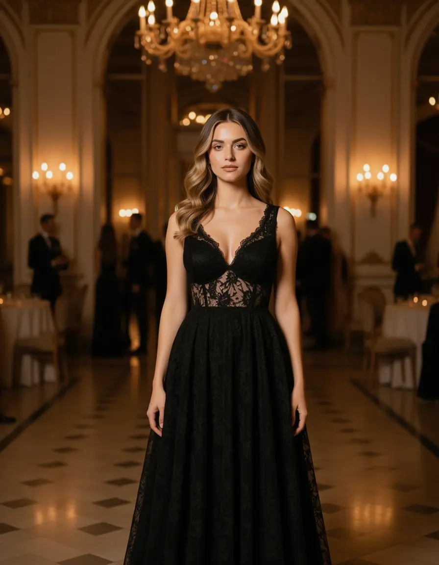 Romantisches schwarzes Spitzenkleid für den Abend