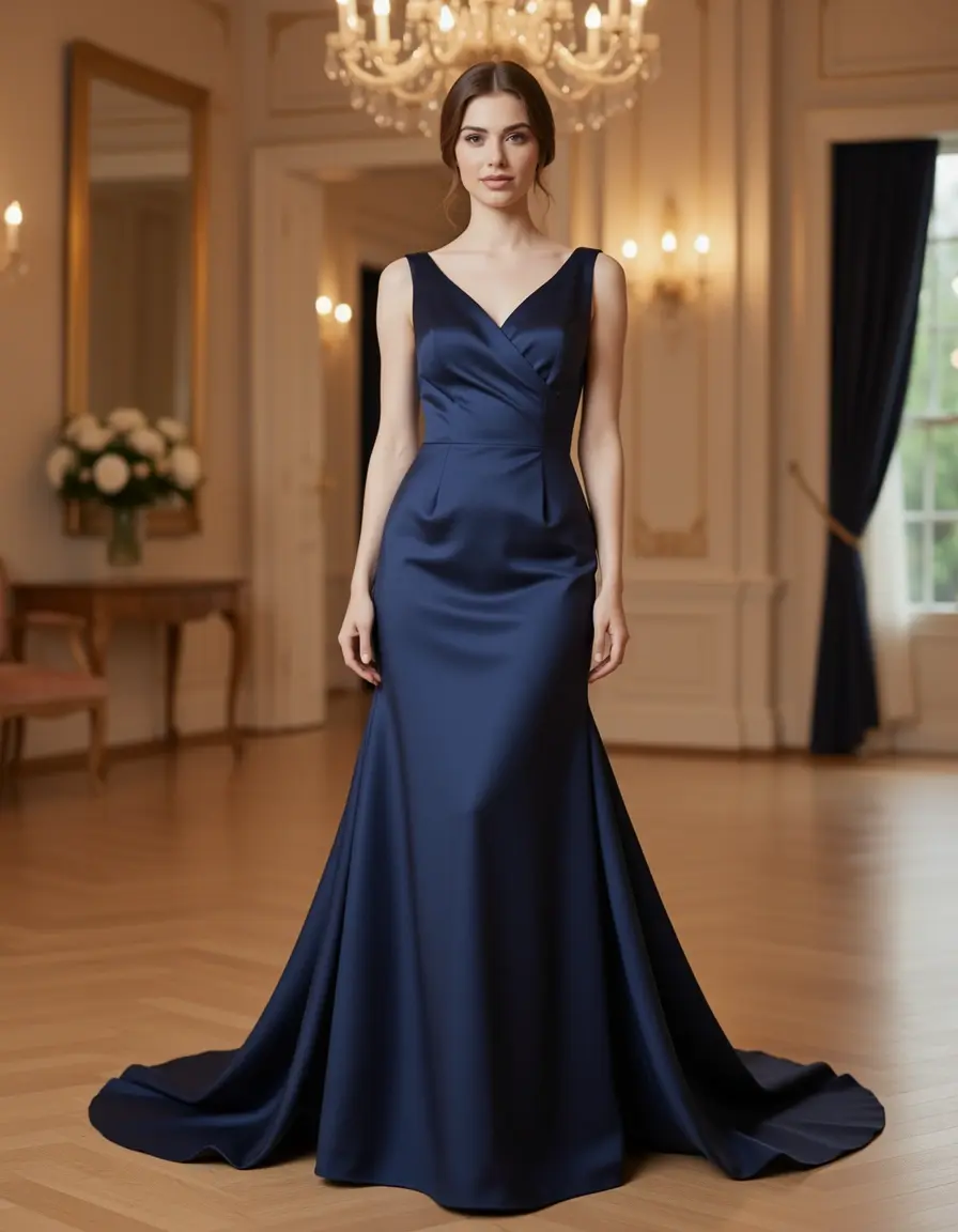 Silk Evening Gown Navy Elegant