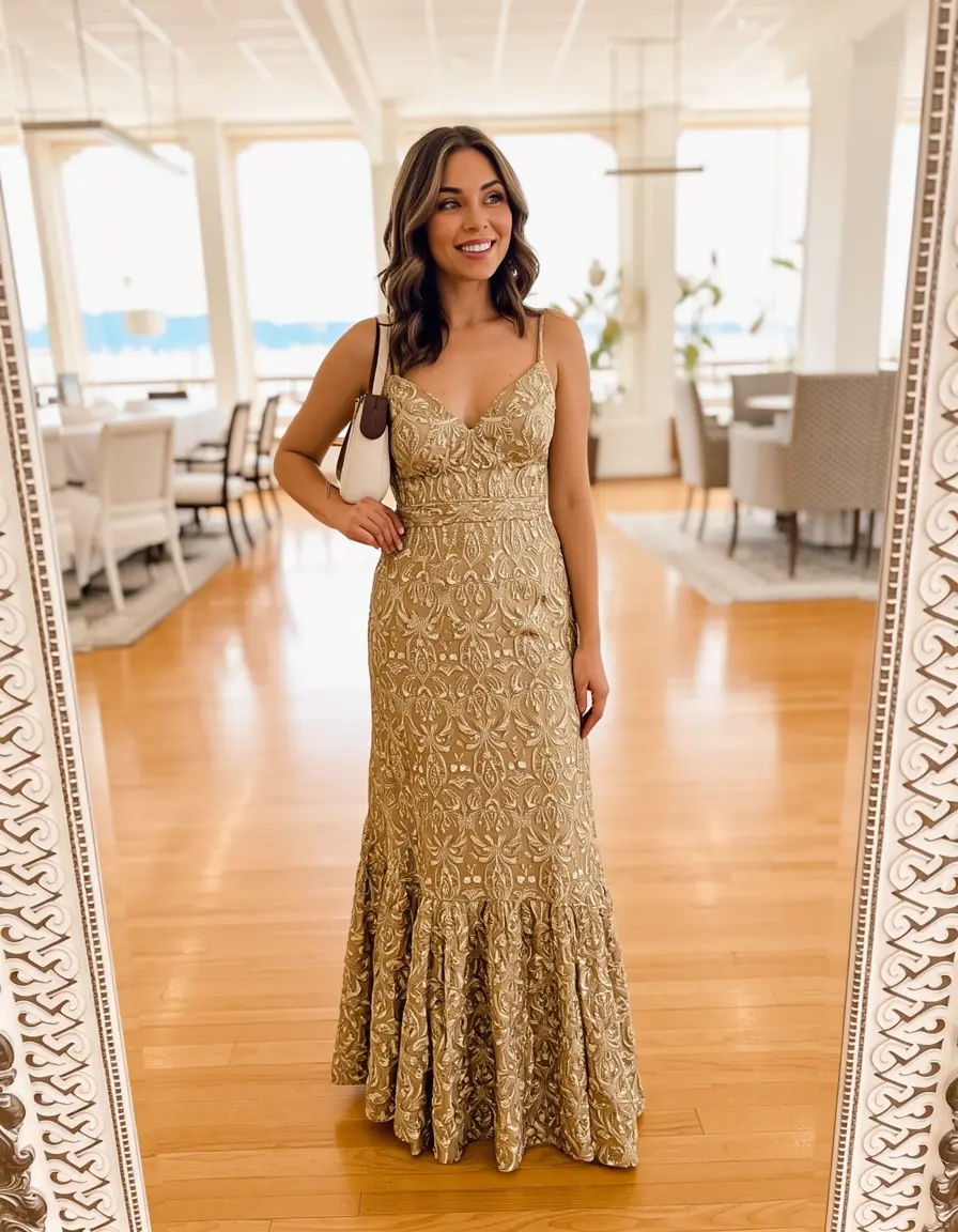 Brocade Cocktail Dress Gold