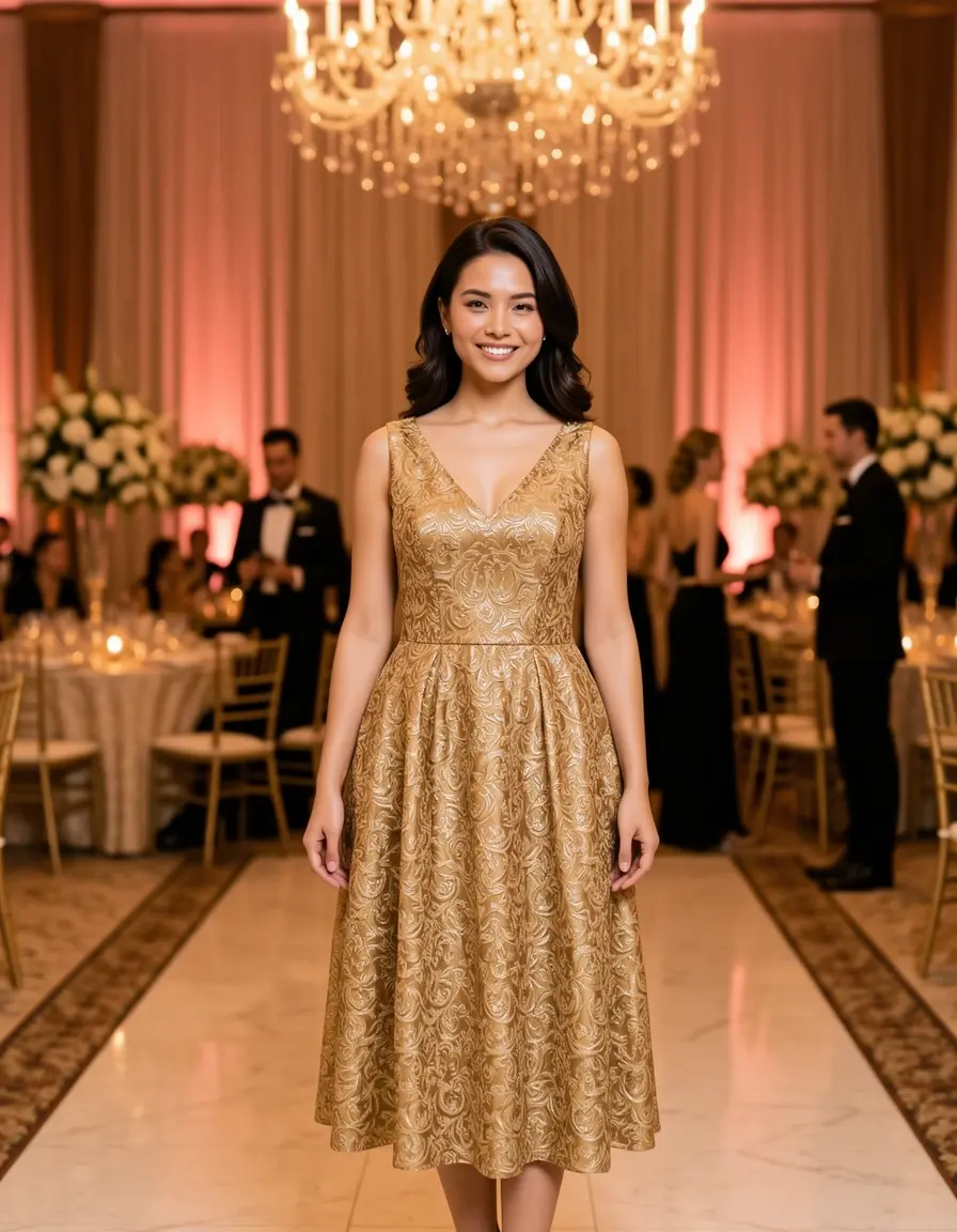 Goldenes Brokat Midi Kleid für elegante Events