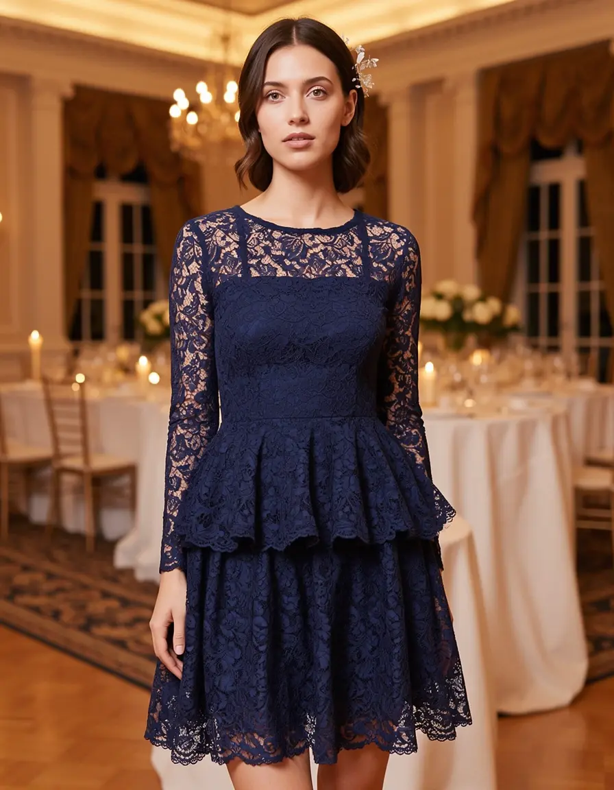 Dunkelblaues Spitzenkleid mit Schößchen