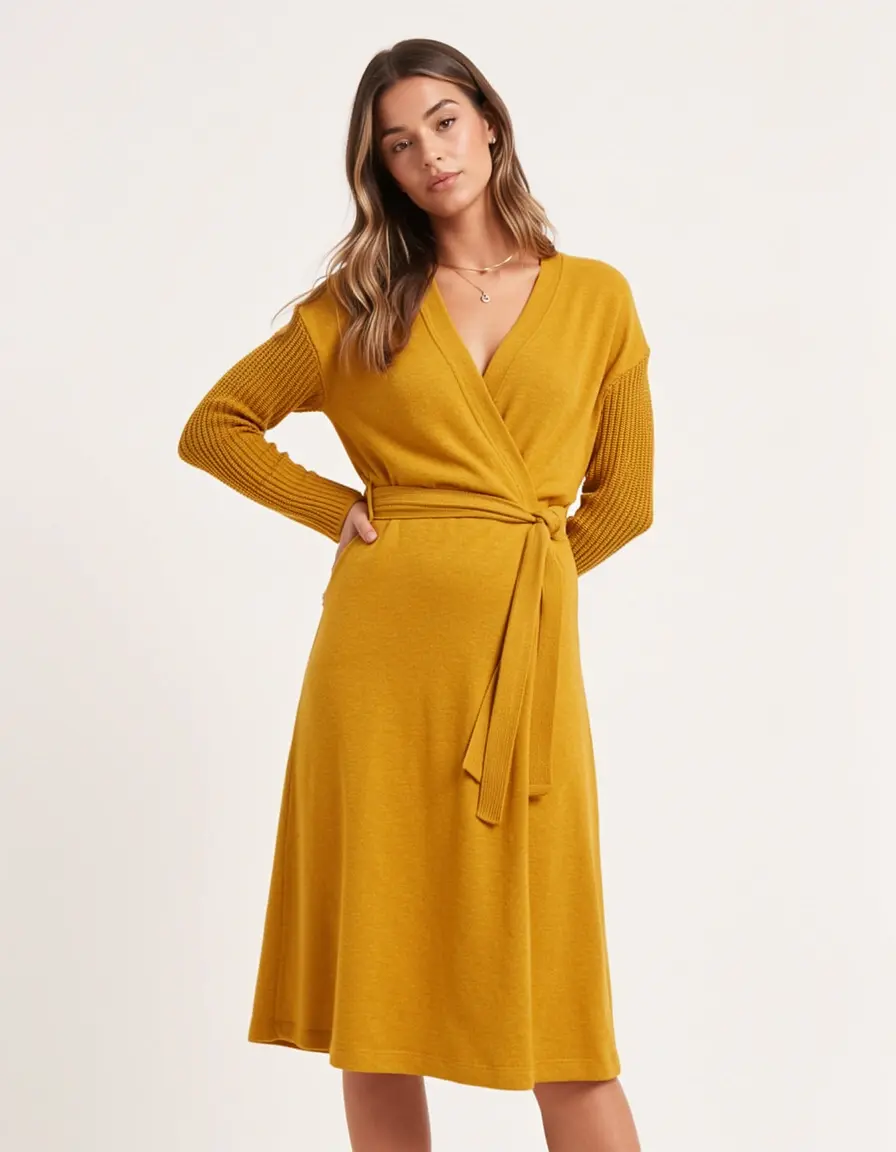 Mustard Yellow Wrap Kleid warm