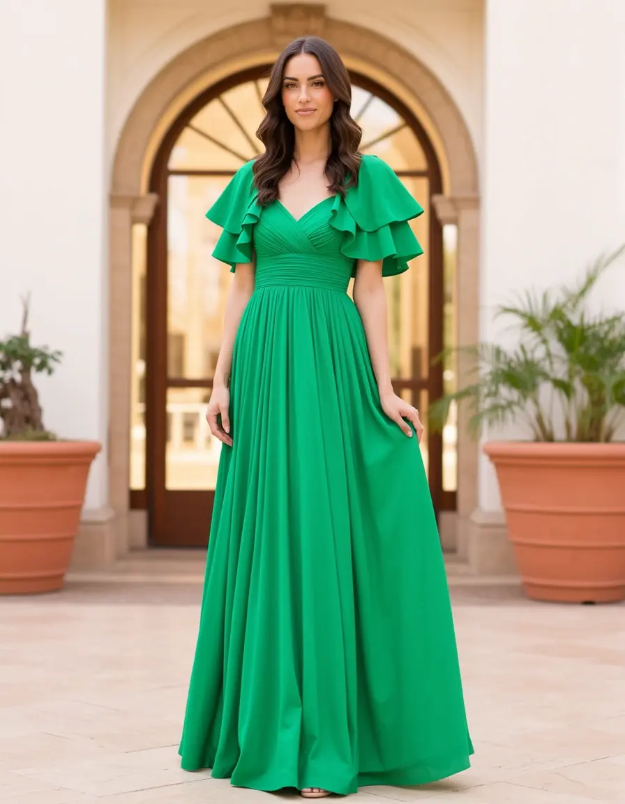 Rüschenärmel Maxi Kleid in Grün für Hochzeitsgäste