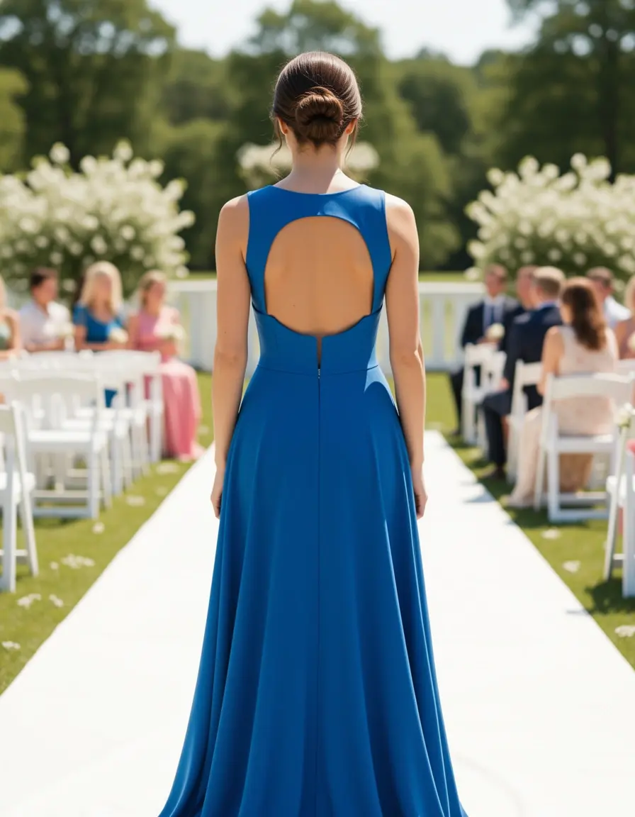 Blaues Kleid mit Rückenausschnitt für moderne Hochzeiten