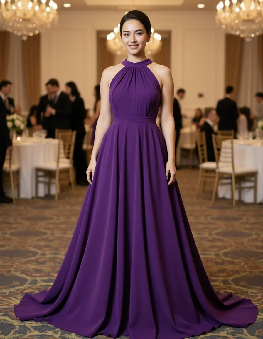 Lila Abendkleid mit Stehkragen