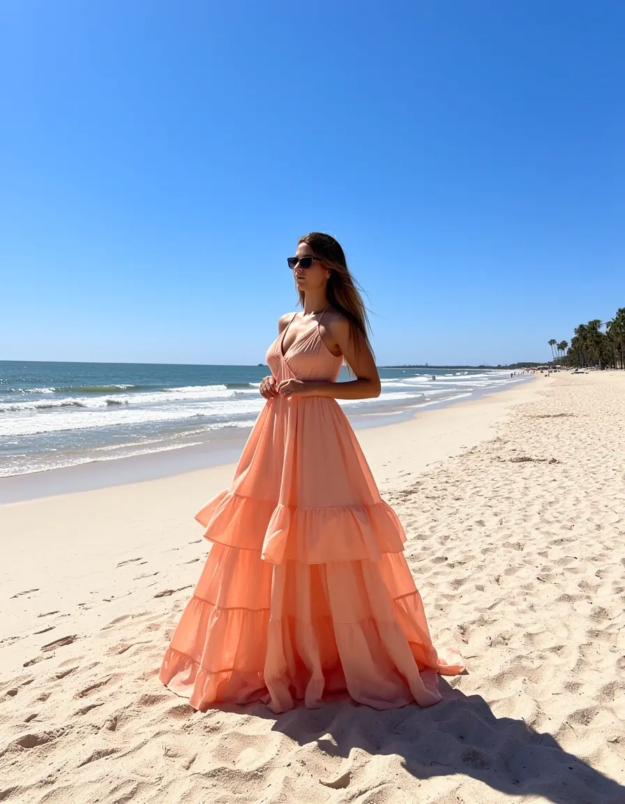 Mehrlagiges Chiffonkleid in Pfirsich für Strandhochzeiten