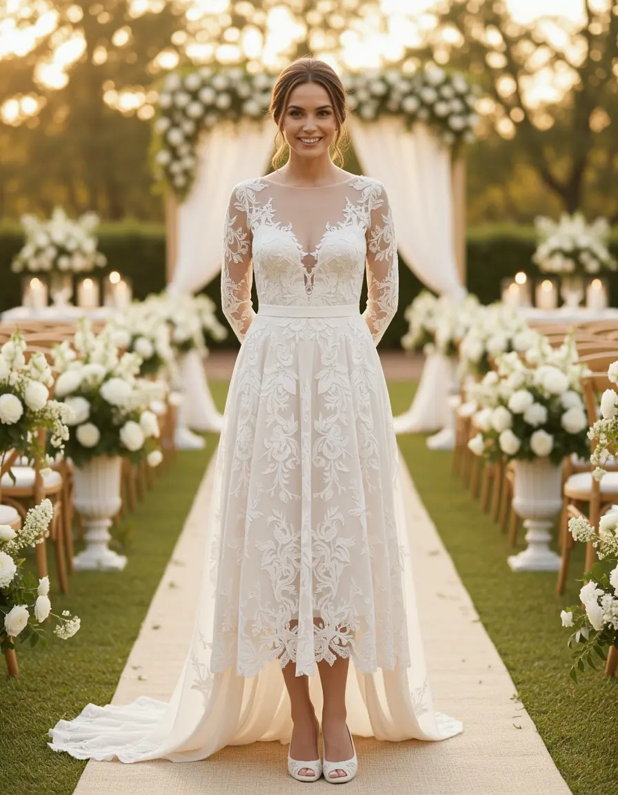 Elegant Wedding Midi Kleid mit Spitze