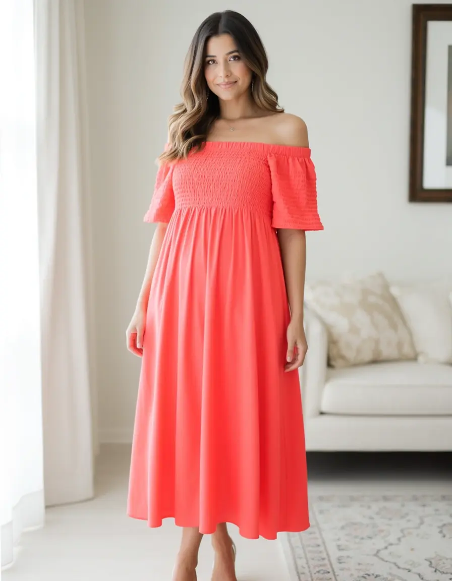 Off-Shoulder Coral Kleid für Hochzeit