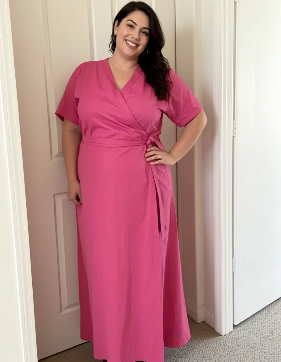 Rosenrosa Wickelkleid mit Taillenbetonung