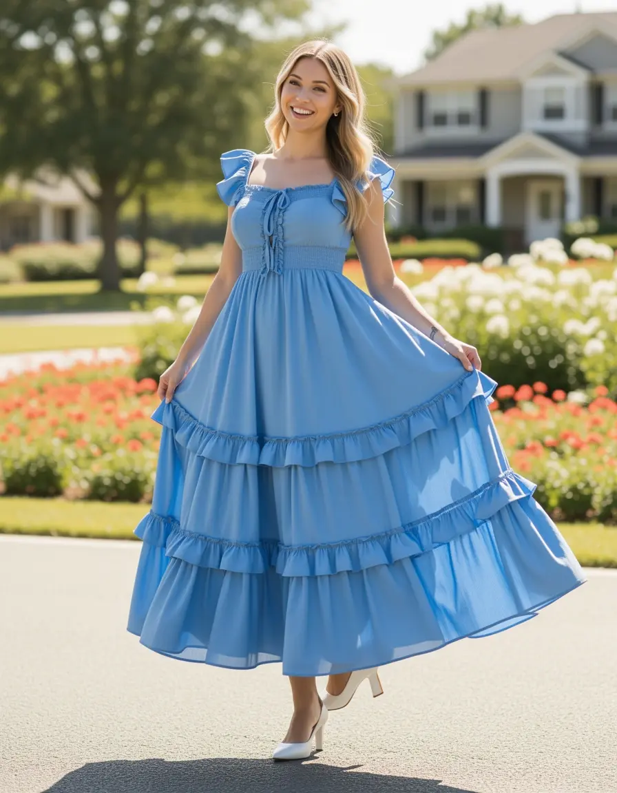 Long Ruffled Kleid mit Rüschen