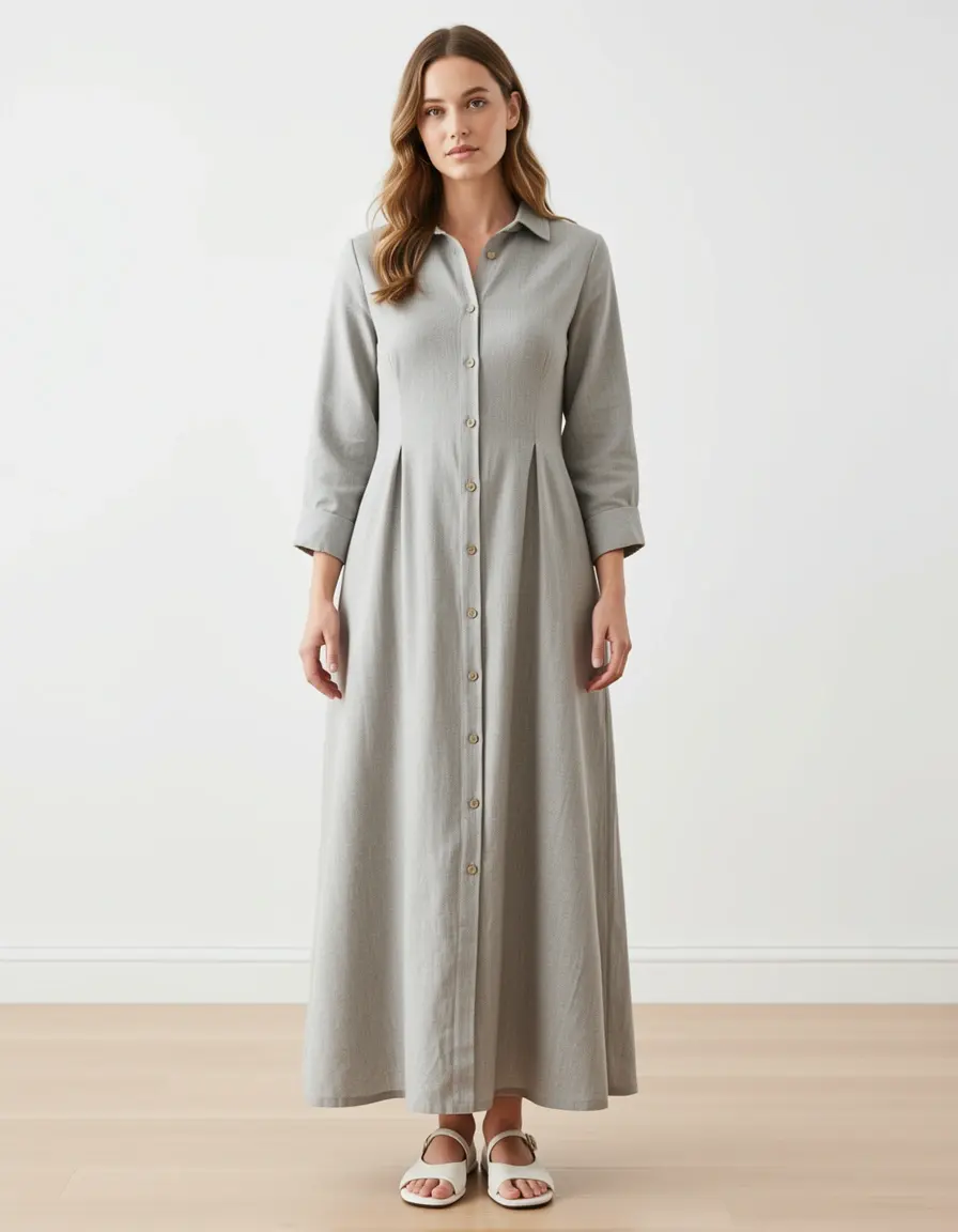 Button-Down Midi Leinen Kleid